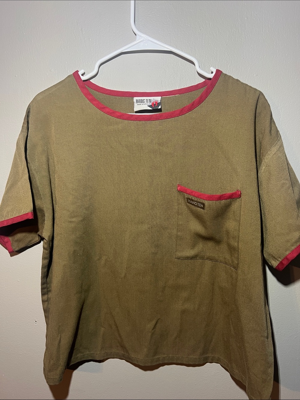 Super RARE Vintage 80s Hang Ten Olive Radical Pocket Tee with Red Trim L-XL